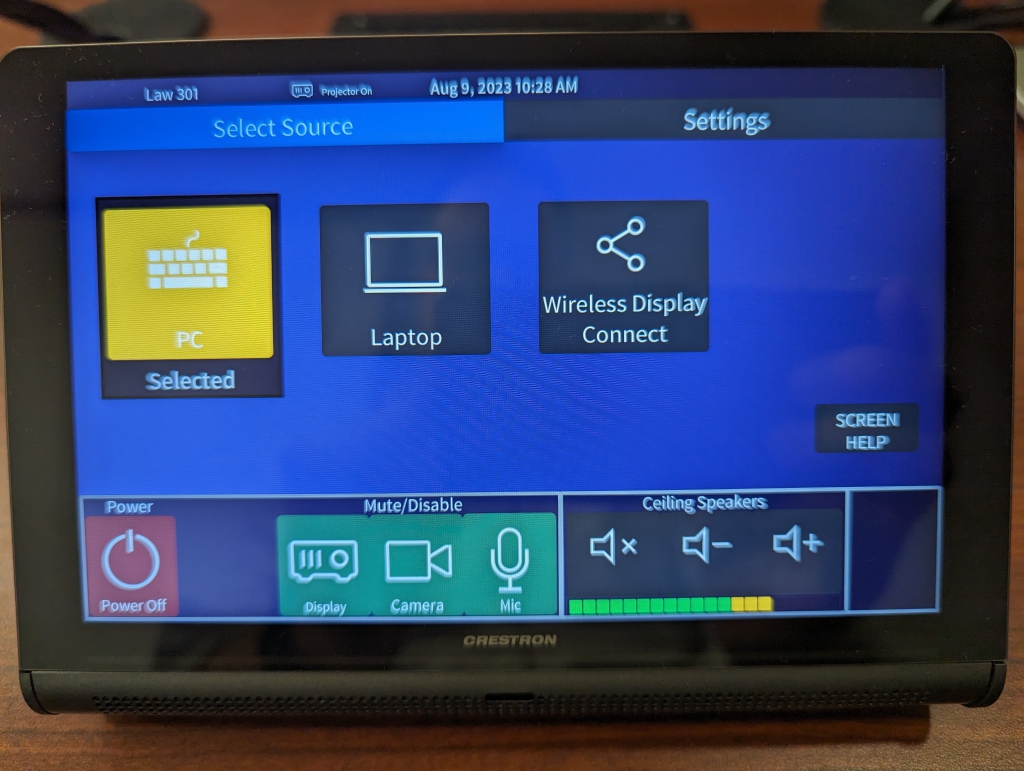 Classroom touchscreen with Power Off button in the lower left corner of the screen.