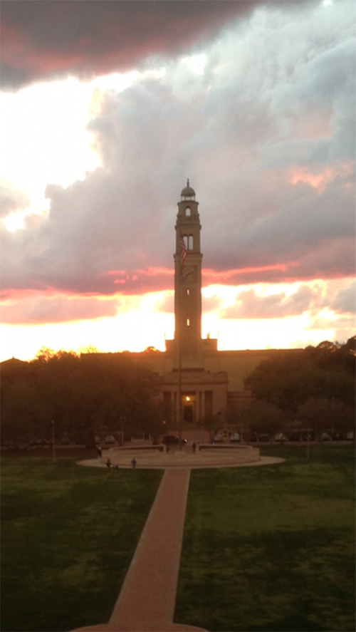 View of the Parade Ground and the Memorial Tower at sunset