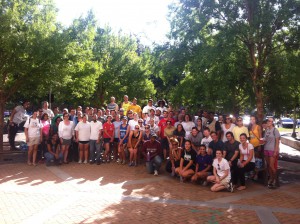 Students pose for a group photo outside the LSU Law Center