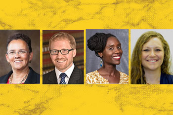 headshots of three women and a man on a gold background