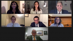 A screenshot of the 2020 Tullis Moot Court Competition; (left to right, top to bottom) Sarah Perkins, Katie Fox, Cullen McDonald, Brennan O'Keefe, Ben Aguinaga, Hon. Erin Wilder-Doomes, and Walt Green.