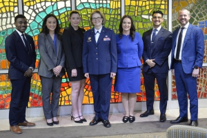 LSU Law students Broxton Lance Harvey (from left to right), Kimberly Cook, Angelle Boudreaux, U.S. Air Force Court of Criminal Appeals Senior Appellate Military Judge Natalie D. Richardson, Hannah Turner, John Arboleda, and Chad Thornton at the reception in the Student Lounge following the hearing the Robinson Courtroom. 