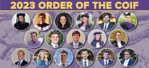 Students on a light purple background with a purple tree imprint with the text 2023 Order of the The Coif at the top