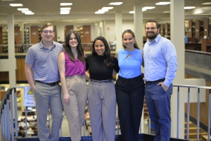 Yenifer Flores (center) with fellow Hispanic Law Students Association officers Outreach Chair David Gonzalez (from left to right), Vice President Miriam Grant, Secretary Christina Ryan, and Treasurer Zachary Smith. 