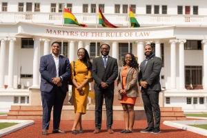 LSU Law 3L and National Black Law Students Association Attorney General Mekkah Husamadeen, fourth from left, at the Supreme Court of Ghana with her fellow NBLSA delegates.
