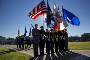 Military members in formation on the LSU Parade Ground.